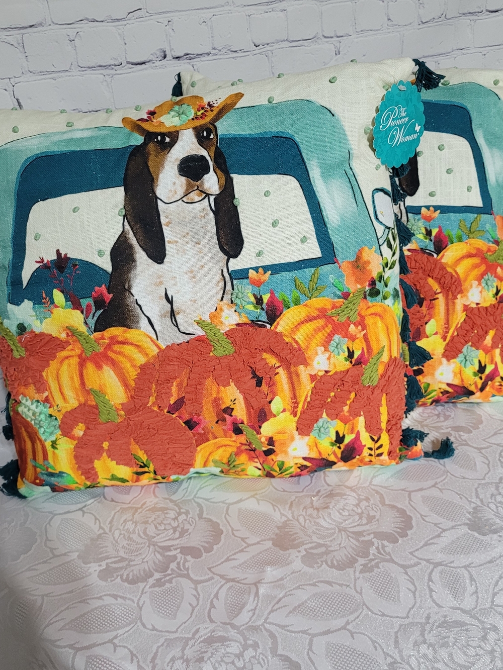 The Pioneer Woman Teal & Orange Dog Pumpkin Accent Pillow. Set Of 2.